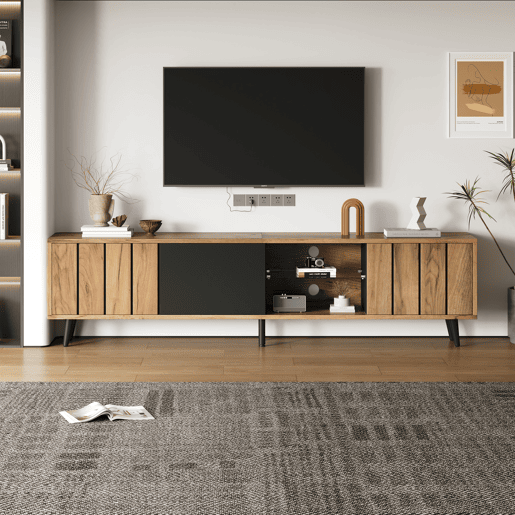 Móvel de TV 175 cm,mueble de salón de painel de partículas com 3 portas,natural+preto Móvel de TV 175 cm,mueble de salón de painel de partículas com 3 portas,natural+preto