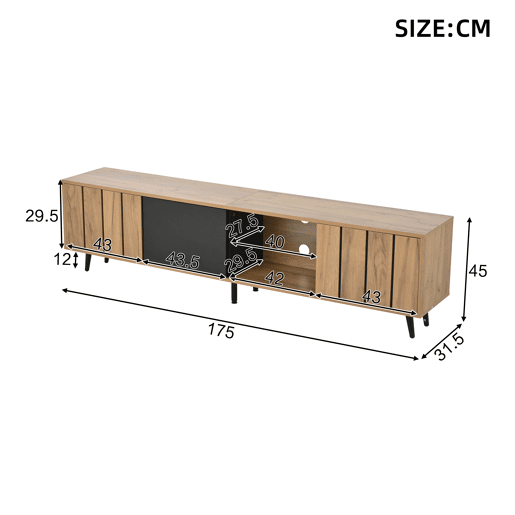 Móvel de TV 175 cm,mueble de salón de painel de partículas com 3 portas,natural+preto Móvel de TV 175 cm,mueble de salón de painel de partículas com 3 portas,natural+preto