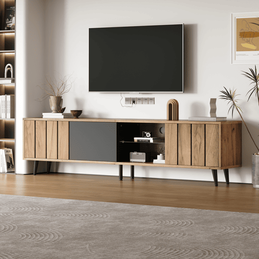 Móvel de TV 175 cm,mueble de salón de painel de partículas com 3 portas,natural+preto Móvel de TV 175 cm,mueble de salón de painel de partículas com 3 portas,natural+preto