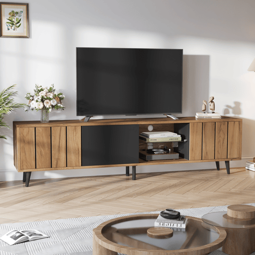 Móvel de TV 175 cm,mueble de salón de painel de partículas com 3 portas,natural+preto Móvel de TV 175 cm,mueble de salón de painel de partículas com 3 portas,natural+preto