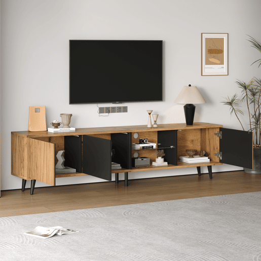 Móvel de TV 175 cm,mueble de salón de painel de partículas com 3 portas,natural+preto Móvel de TV 175 cm,mueble de salón de painel de partículas com 3 portas,natural+preto