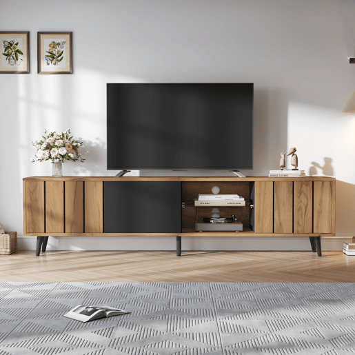 Móvel de TV 175 cm,mueble de salón de painel de partículas com 3 portas,natural+preto Móvel de TV 175 cm,mueble de salón de painel de partículas com 3 portas,natural+preto
