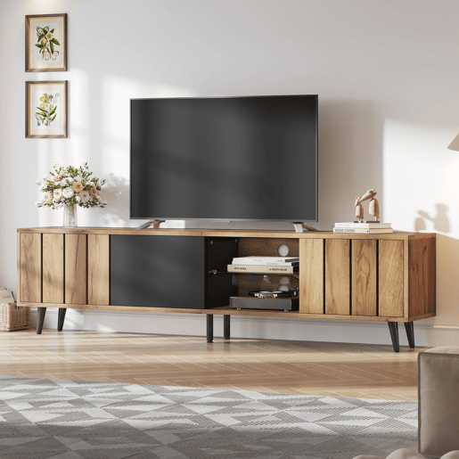 Móvel de TV 175 cm,mueble de salón de painel de partículas com 3 portas,natural+preto Móvel de TV 175 cm,mueble de salón de painel de partículas com 3 portas,natural+preto