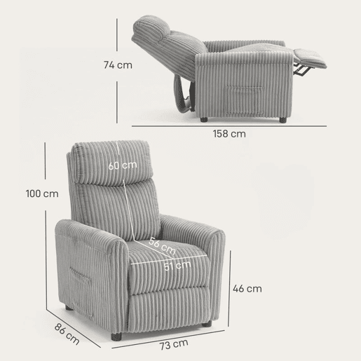 HOMCOM Poltrona Relax Reclinável Poltrona Reclinável Manual Estofada em Veludo Instalação Rápida Apoio para Pés Acolchoamento Grosso Para Sala de Estar Quarto Escritório 73x86x100 cm Cinza