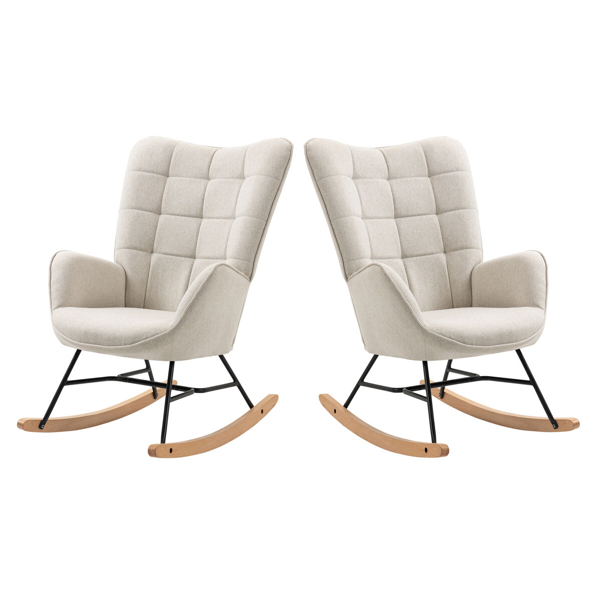Sillas mecedoras de tela beige con respaldo alto ergonómico y base curva de madera, diseño moderno acolchado en cuadros para salón o habitación