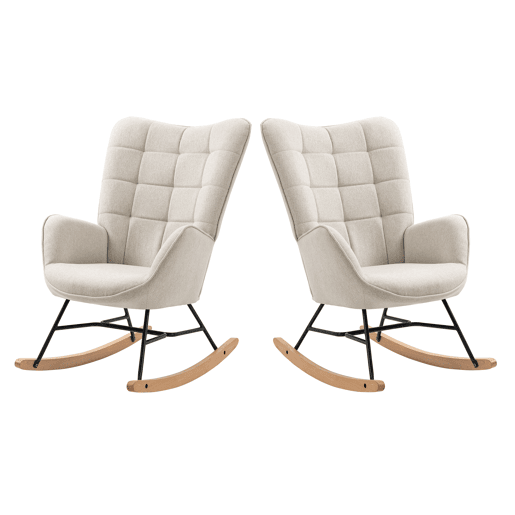 Cadeiras De Balanço Em Tecido Bege Com Encosto Alto Ergonómico E Pernas Curvas Em Madeira, Design Moderno Acolchoado Em Quadrados Para Sala Ou Quarto Infantil, Conjunto De 2, Suporta Até 120 Kg, Ideais Para Amamentação, Leitura E Relaxamento Diário