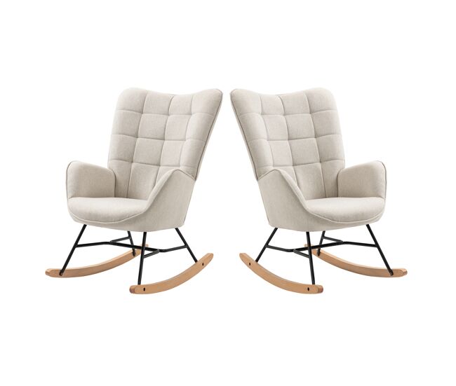 Sillas mecedoras de tela beige con respaldo alto ergonómico y base curva de madera, diseño moderno acolchado en cuadros para salón o habitación