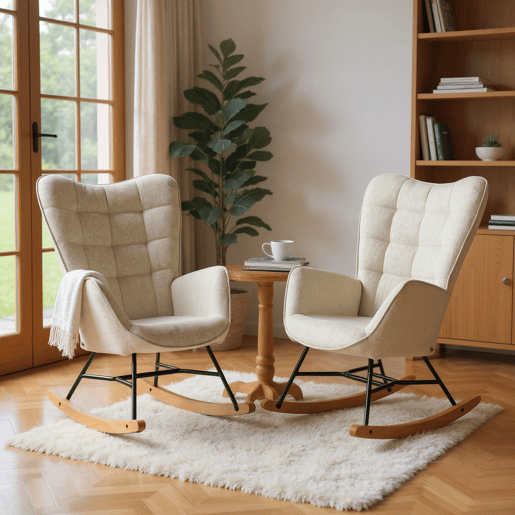 Cadeiras De Balanço Em Tecido Bege Com Encosto Alto Ergonómico E Pernas Curvas Em Madeira, Design Moderno Acolchoado Em Quadrados Para Sala Ou Quarto Infantil, Conjunto De 2, Suporta Até 120 Kg, Ideais Para Amamentação, Leitura E Relaxamento Diário