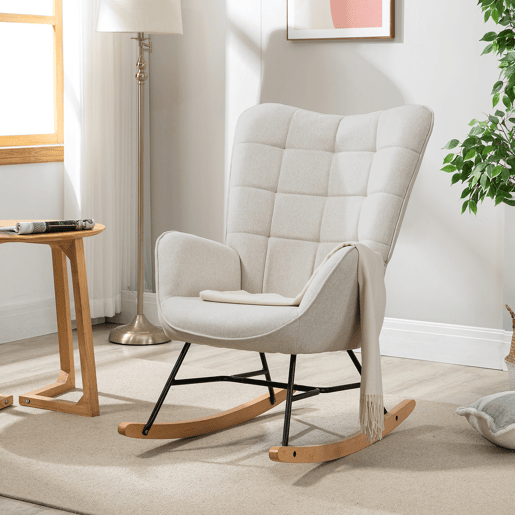 Cadeiras De Balanço Em Tecido Bege Com Encosto Alto Ergonómico E Pernas Curvas Em Madeira, Design Moderno Acolchoado Em Quadrados Para Sala Ou Quarto Infantil, Conjunto De 2, Suporta Até 120 Kg, Ideais Para Amamentação, Leitura E Relaxamento Diário