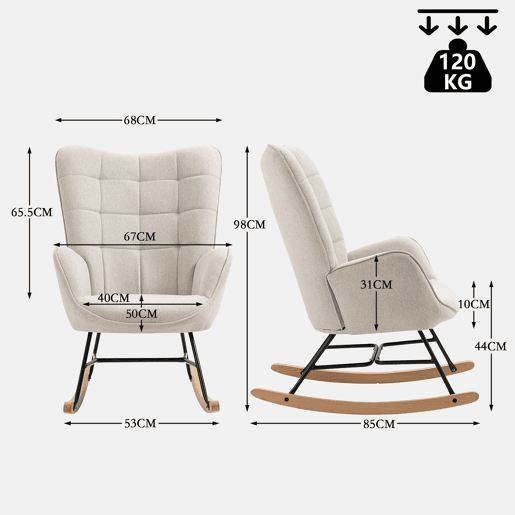 Cadeiras De Balanço Em Tecido Bege Com Encosto Alto Ergonómico E Pernas Curvas Em Madeira, Design Moderno Acolchoado Em Quadrados Para Sala Ou Quarto Infantil, Conjunto De 2, Suporta Até 120 Kg, Ideais Para Amamentação, Leitura E Relaxamento Diário