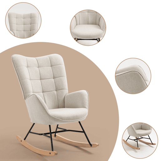 Cadeiras De Balanço Em Tecido Bege Com Encosto Alto Ergonómico E Pernas Curvas Em Madeira, Design Moderno Acolchoado Em Quadrados Para Sala Ou Quarto Infantil, Conjunto De 2, Suporta Até 120 Kg, Ideais Para Amamentação, Leitura E Relaxamento Diário