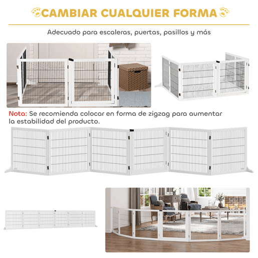 PawHut Barreira de Segurança para Cães de Madeira Dobrável para Escadas e Portas Grade para Cães Pequenos e Médios com 6 Painéis com Suporte de Pé para Interiores 432x36x70 cm Branco