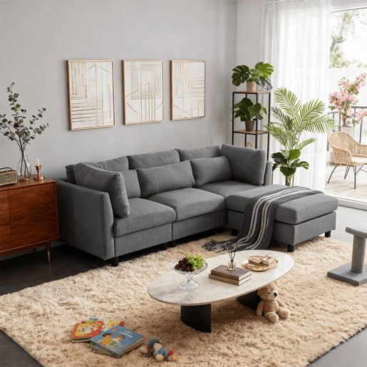 Sofá De Canto Modular Com Chaise Longue Reversível E Estofo Em Tecido Cinzento, Design Moderno Com Almofadas Espessas E Assento Largo, Ideal Para Sala De Estar, Apartamento Ou Espaço De Convívio