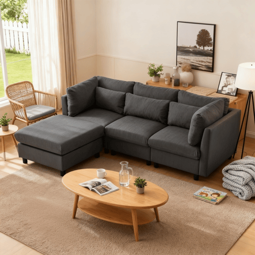 Sofá De Canto Modular Com Chaise Longue Reversível E Estofo Em Tecido Cinzento, Design Moderno Com Almofadas Espessas E Assento Largo, Ideal Para Sala De Estar, Apartamento Ou Espaço De Convívio
