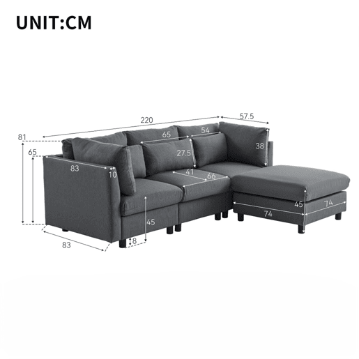 Sofá De Canto Modular Com Chaise Longue Reversível E Estofo Em Tecido Cinzento, Design Moderno Com Almofadas Espessas E Assento Largo, Ideal Para Sala De Estar, Apartamento Ou Espaço De Convívio
