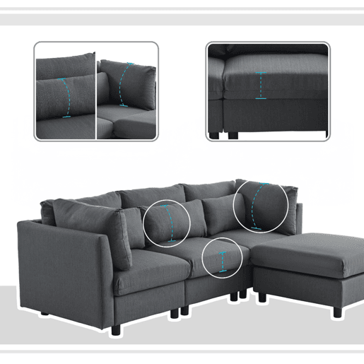 Sofá De Canto Modular Com Chaise Longue Reversível E Estofo Em Tecido Cinzento, Design Moderno Com Almofadas Espessas E Assento Largo, Ideal Para Sala De Estar, Apartamento Ou Espaço De Convívio