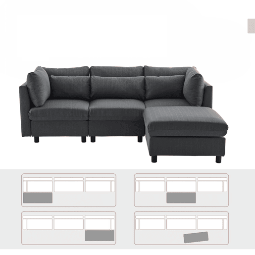 Sofá De Canto Modular Com Chaise Longue Reversível E Estofo Em Tecido Cinzento, Design Moderno Com Almofadas Espessas E Assento Largo, Ideal Para Sala De Estar, Apartamento Ou Espaço De Convívio
