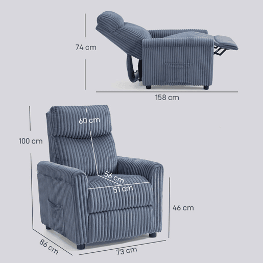 HOMCOM Poltrona Relax Reclinável Poltrona Reclinável Manual Estofada em Veludo Instalação Rápida Apoio para Pés Acolchoamento Grosso Para Sala de Estar Quarto Escritório 73x86x100 cm Azul Escuro