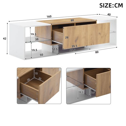 Móvel de TV 160 cm de painel de partículas com 2 gavetas e luz led,branco+natural