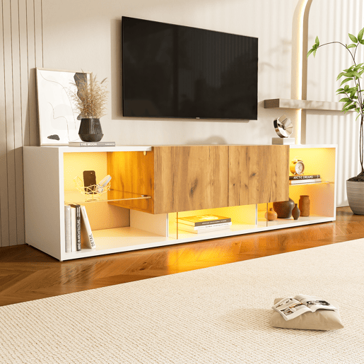 Móvel de TV 160 cm de painel de partículas com 2 gavetas e luz led,branco+natural