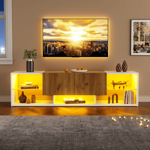 Móvel de TV 160 cm de painel de partículas com 2 gavetas e luz led,branco+natural