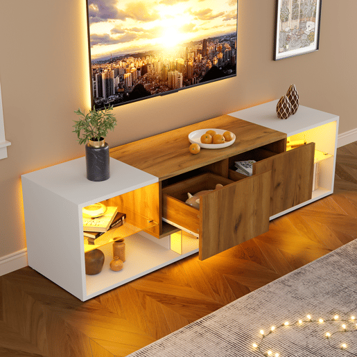 Móvel de TV 160 cm de painel de partículas com 2 gavetas e luz led,branco+natural
