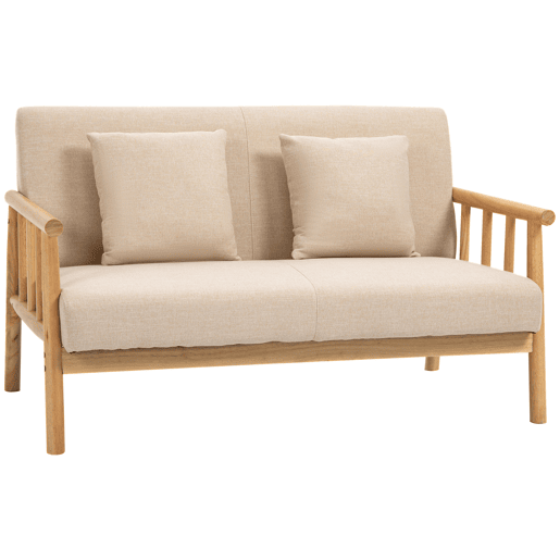 Sofá 2 Lugares Estofado Em Tecido Bege Com Estrutura De Madeira Natural E Almofadas Acolchoadas, Assento De Espuma Com Molas Em S, Design Nórdico Moderno Ideal Para Sala Ou Quarto