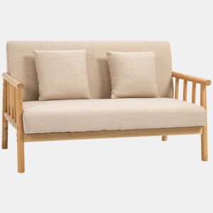 Sofá 2 Lugares Estofado Em Tecido Bege Com Estrutura De Madeira Natural E Almofadas Acolchoadas, Assento De Espuma Com Molas Em S, Design Nórdico Moderno Ideal Para Sala Ou Quarto