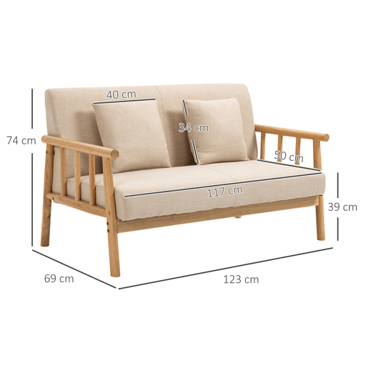 Sofá 2 Lugares Estofado Em Tecido Bege Com Estrutura De Madeira Natural E Almofadas Acolchoadas, Assento De Espuma Com Molas Em S, Design Nórdico Moderno Ideal Para Sala Ou Quarto