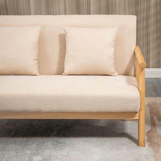 Sofá 2 Lugares Estofado Em Tecido Bege Com Estrutura De Madeira Natural E Almofadas Acolchoadas, Assento De Espuma Com Molas Em S, Design Nórdico Moderno Ideal Para Sala Ou Quarto