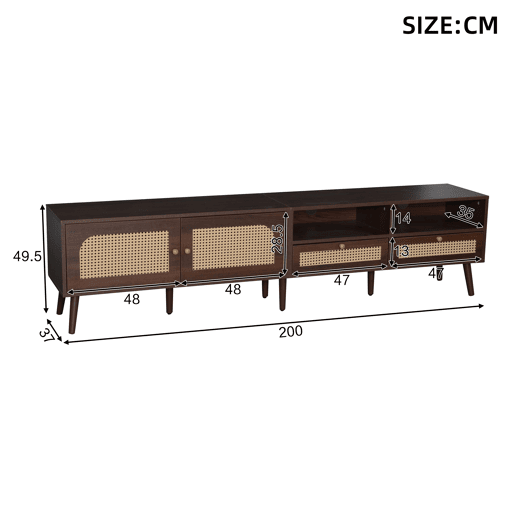 Móvel de TV 200 cm de painel de partículas com 2 portas e 2 gavetas,castanho