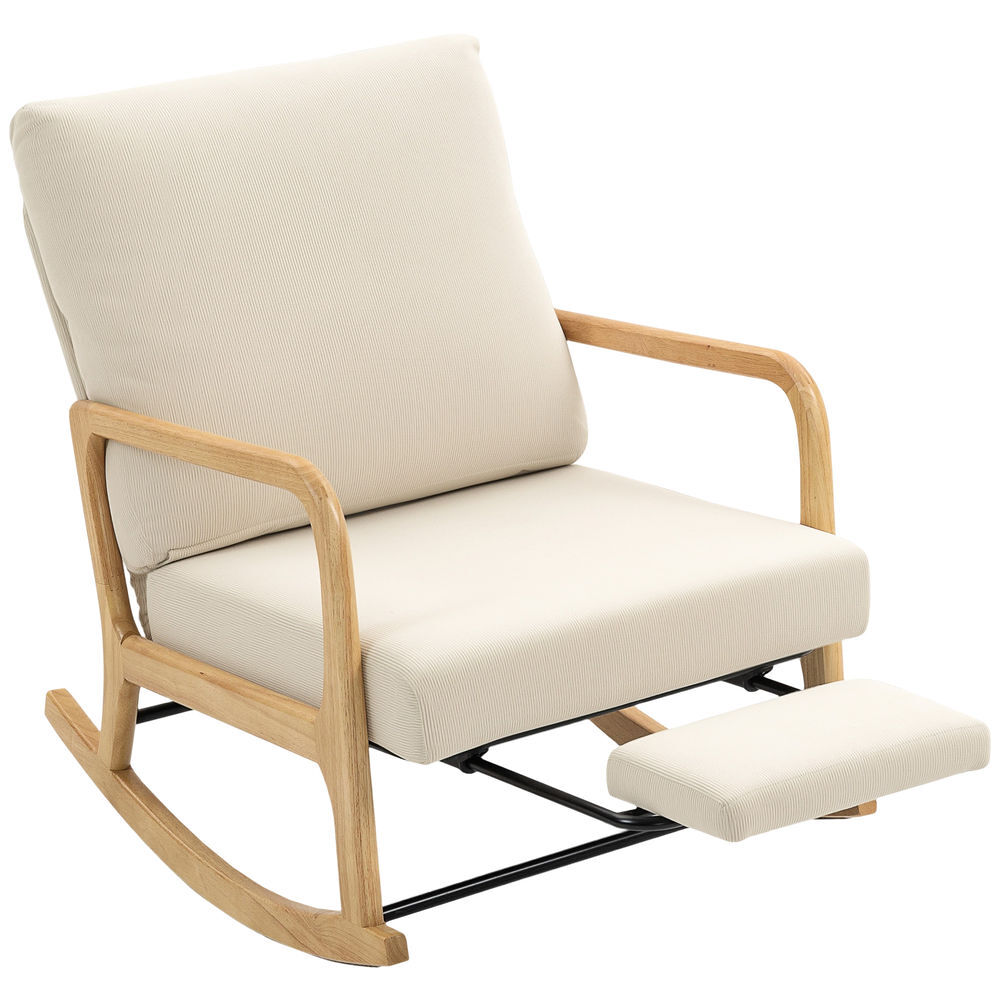 Homcom silla mecedora con reposapiés, respaldo ajustable, mecedora de pana nórdica, asiento amplio, patas de madera, reposabrazos, cojín lumbar, carga 120 kg, para dormitorio, salón, crema
