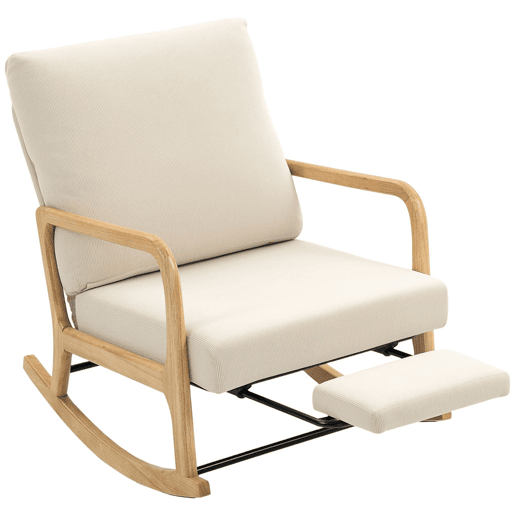 HOMCOM Cadeira de Baloiço com Apoio para Pés, Encosto Ajustável, Poltrona de Veludo Nórdica, Pés de Madeira, Apoios de Braços, Almofada Lombar, Poltrona de Relaxamento, Carga Máxima 120 kg, para Quarto, Sala, Creme
