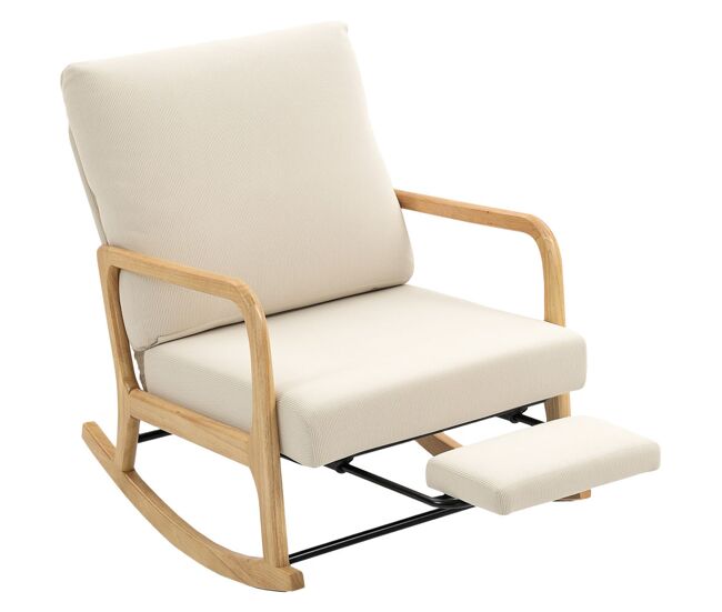 Homcom silla mecedora con reposapiés, respaldo ajustable, mecedora de pana nórdica, asiento amplio, patas de madera, reposabrazos, cojín lumbar, carga 120 kg, para dormitorio, salón, crema
