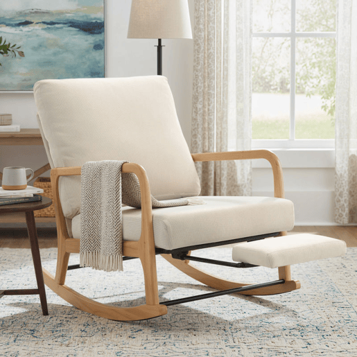 HOMCOM Cadeira de Baloiço com Apoio para Pés, Encosto Ajustável, Poltrona de Veludo Nórdica, Pés de Madeira, Apoios de Braços, Almofada Lombar, Poltrona de Relaxamento, Carga Máxima 120 kg, para Quarto, Sala, Creme
