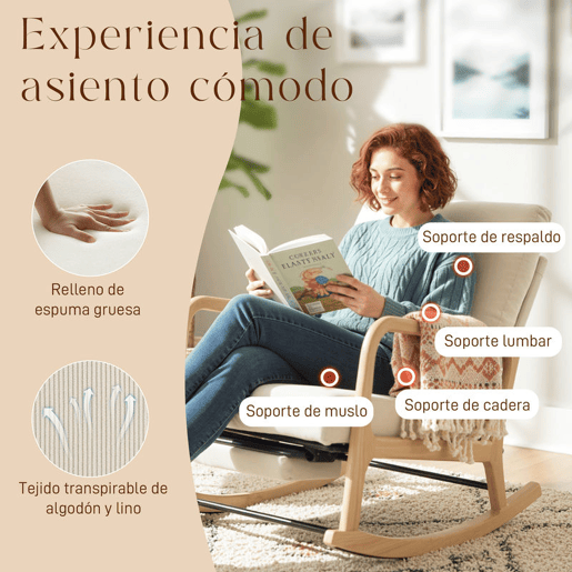 HOMCOM Cadeira de Baloiço com Apoio para Pés, Encosto Ajustável, Poltrona de Veludo Nórdica, Pés de Madeira, Apoios de Braços, Almofada Lombar, Poltrona de Relaxamento, Carga Máxima 120 kg, para Quarto, Sala, Creme