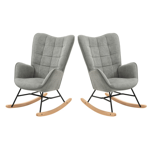 Cadeiras De Balanço Em Tecido Cinzento Com Encosto Alto Ergonómico E Pernas Curvas Em Madeira, Design Acolchoado Em Quadrados Para Sala Ou Quarto Infantil, Conjunto De 2, Suporta Até 120 Kg, Ideais Para Amamentação, Leitura E Momentos De Relaxamento
