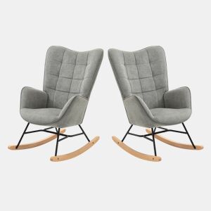 Cadeiras De Balanço Em Tecido Cinzento Com Encosto Alto Ergonómico E Pernas Curvas Em Madeira, Design Acolchoado Em Quadrados Para Sala Ou Quarto Infantil, Conjunto De 2, Suporta Até 120 Kg, Ideais Para Amamentação, Leitura E Momentos De Relaxamento