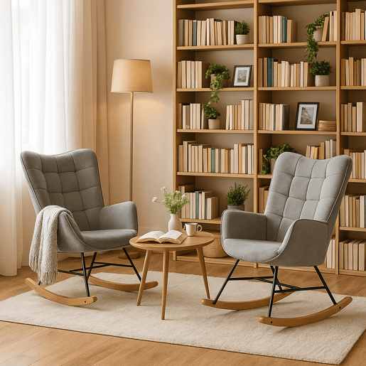 Cadeiras De Balanço Em Tecido Cinzento Com Encosto Alto Ergonómico E Pernas Curvas Em Madeira, Design Acolchoado Em Quadrados Para Sala Ou Quarto Infantil, Conjunto De 2, Suporta Até 120 Kg, Ideais Para Amamentação, Leitura E Momentos De Relaxamento