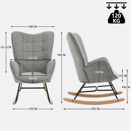 Cadeiras De Balanço Em Tecido Cinzento Com Encosto Alto Ergonómico E Pernas Curvas Em Madeira, Design Acolchoado Em Quadrados Para Sala Ou Quarto Infantil, Conjunto De 2, Suporta Até 120 Kg, Ideais Para Amamentação, Leitura E Momentos De Relaxamento