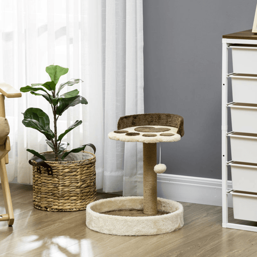 PawHut Arranhador para Gatos Altura 44 cm Torre de Escalada com 2 Camas Poste de Juta Brinquedo Pendurado Ø41x44 cm Marrom