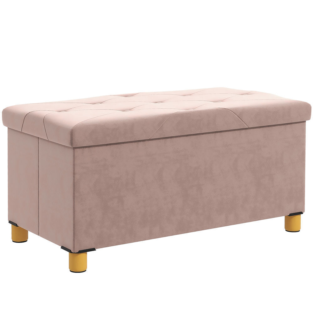 Banco de Almacenaje Terciopelo Sintético, Madera de Caucho HOMCOM 76x38 Rosa