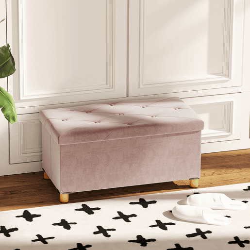 HOMCOM Banco de Armazenamento Dobrável Puff de Armazenamento Capacidade de 67 L Estofado em Veludo Baú de Armazenamento Quarto Carga 120 kg para Sala de Estar Entrada 76x38x38 cm Rosa Claro