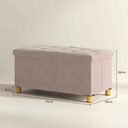 HOMCOM Banco de Armazenamento Dobrável Puff de Armazenamento Capacidade de 67 L Estofado em Veludo Baú de Armazenamento Quarto Carga 120 kg para Sala de Estar Entrada 76x38x38 cm Rosa Claro