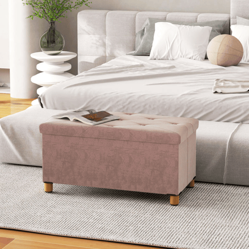 HOMCOM Banco de Armazenamento Dobrável Puff de Armazenamento Capacidade de 67 L Estofado em Veludo Baú de Armazenamento Quarto Carga 120 kg para Sala de Estar Entrada 76x38x38 cm Rosa Claro