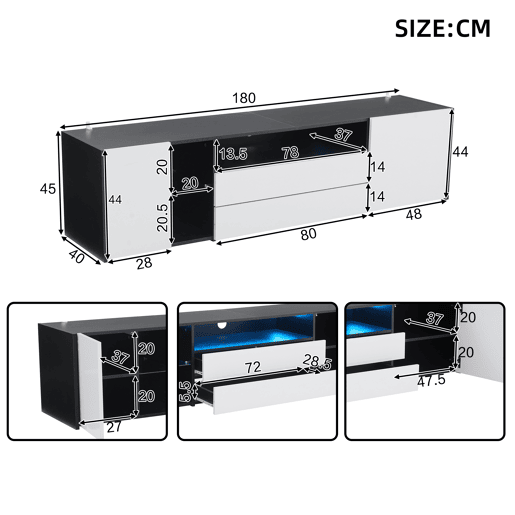 Móvel de TV 180 cm,mueble de salón de painel de partículas com 2 portas,2 gavetas e luz led,preto+branco