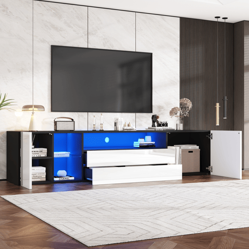 Móvel de TV 180 cm,mueble de salón de painel de partículas com 2 portas,2 gavetas e luz led,preto+branco