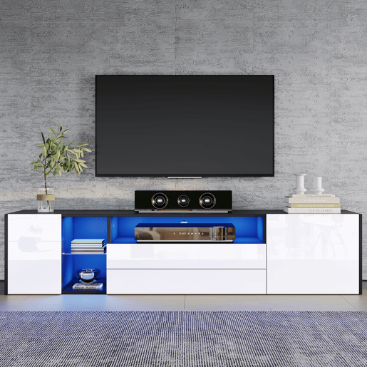 Móvel de TV 180 cm,mueble de salón de painel de partículas com 2 portas,2 gavetas e luz led,preto+branco