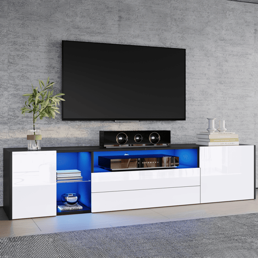 Móvel de TV 180 cm,mueble de salón de painel de partículas com 2 portas,2 gavetas e luz led,preto+branco