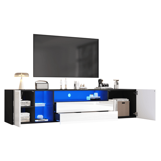 Móvel de TV 180 cm,mueble de salón de painel de partículas com 2 portas,2 gavetas e luz led,preto+branco